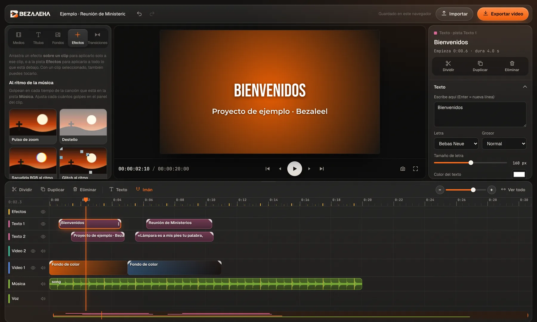 El editor de Bezaleel: un título sobre un fondo naranja, con títulos, video y una canción en la línea de tiempo