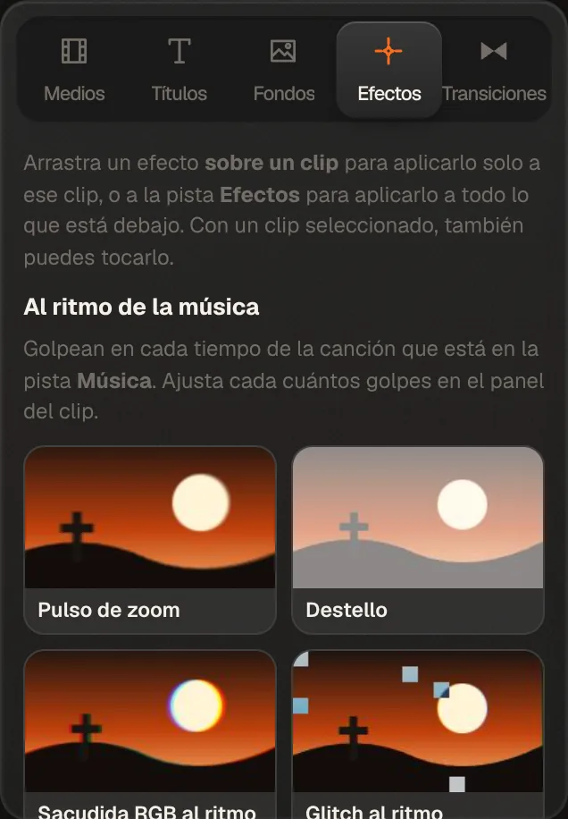 Pestaña de efectos con efectos al ritmo de la música